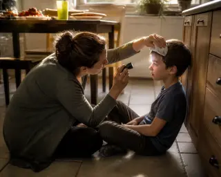 Adult gently checking a child's forehead in a warm, softly lit kitchen after a minor accident, with scattered toys and snacks nearby.