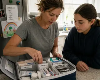 Parent and teen in a sunlit kitchen organizing a modern, clearly labeled first-aid kit on the counter, hands shown in a natural, attentive gesture.