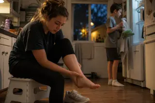 Teen girl in kitchen calmly tending to her ankle with brother bringing ice, warm evening light