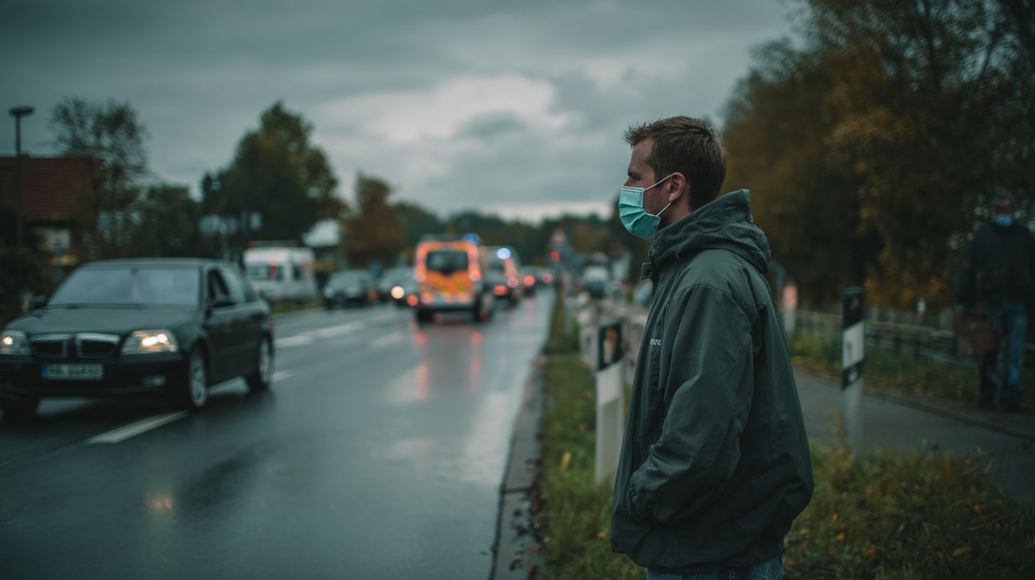 Personne sécurisant les lieux près d’un accident de la route avant l’arrivée des secours.